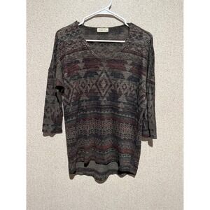 Ginger G Womens Geometric Print V Neck 3/4 Sleeve Boho Top‎ Size M